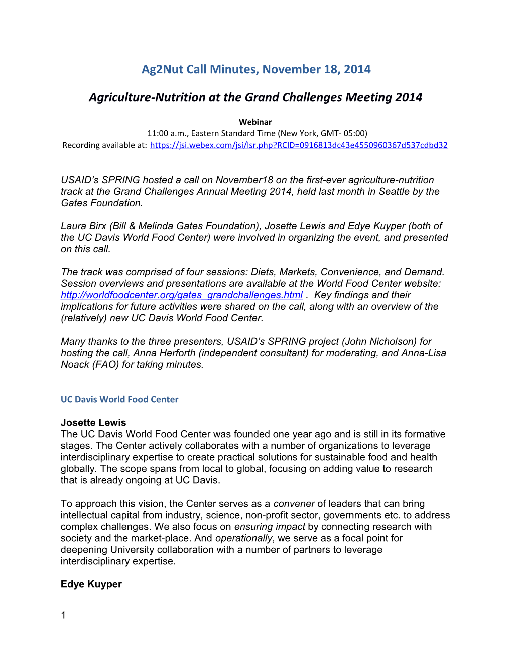 Agricultur E-Nutritio N at the Grand Challenges Meeting 2014