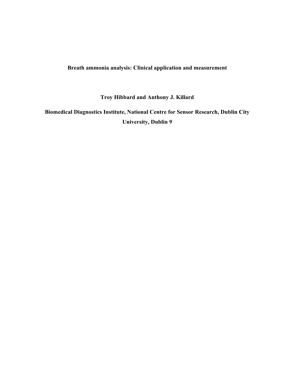 Breath Ammonia Analysis: Clinical Application and Measurement