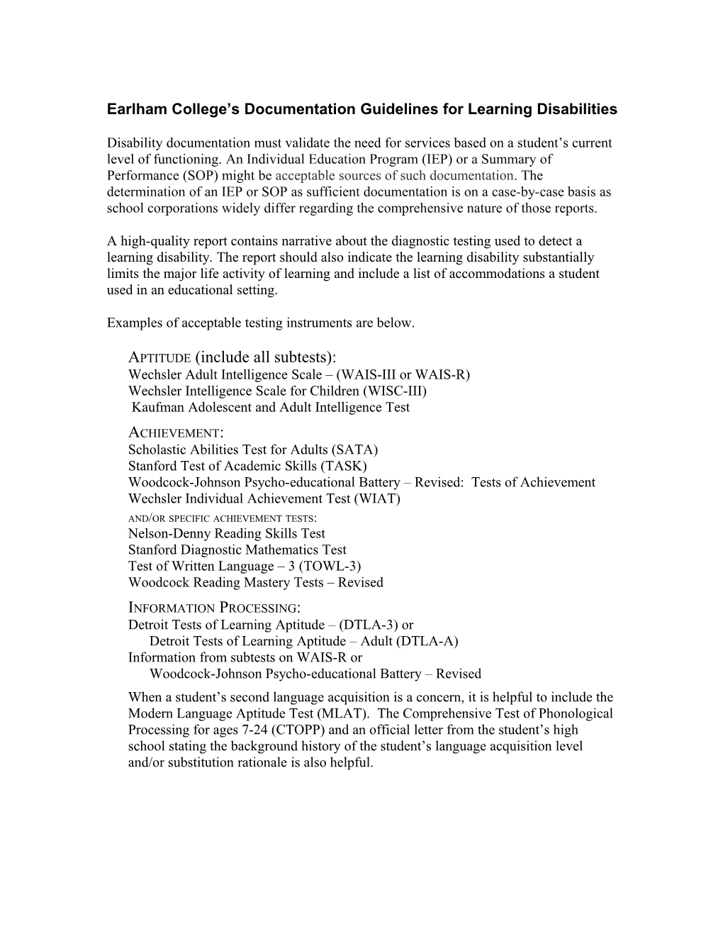 Earlham S Documentation Guidelines for Learning Disabilities