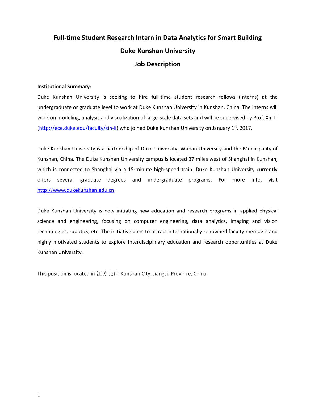 Full-Time Student Research Intern in Data Analytics for Smart Building