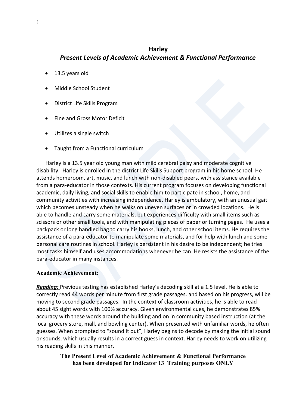 Present Levels of Academic Achievement & Functional Performance