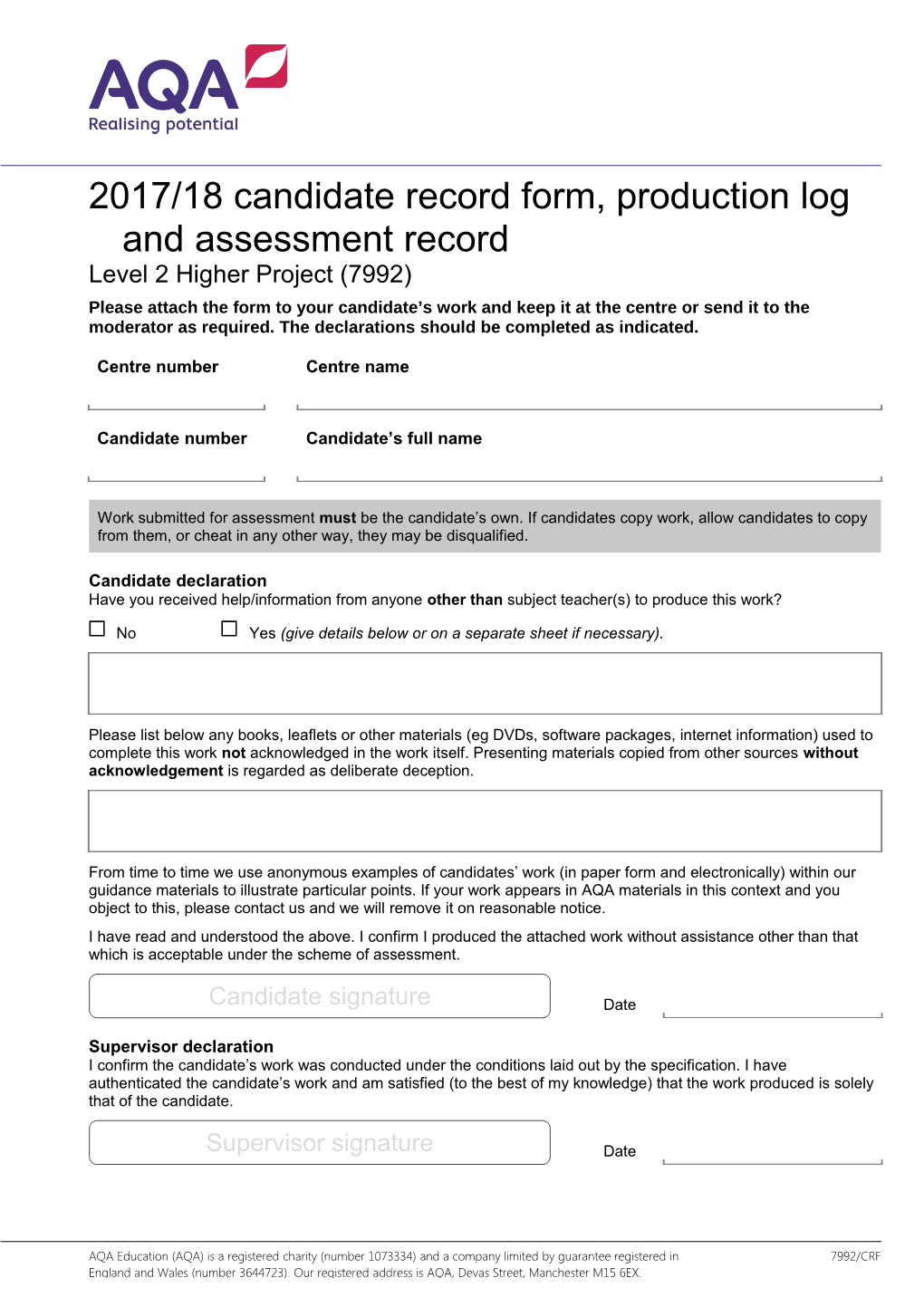 2017/18 Candidate Record Form, Production Logand Assessment Record