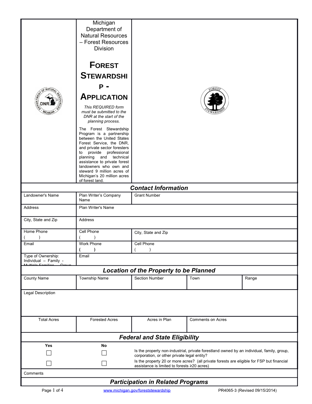 Landowner Forest Stewardship Plan Eligibility Application And Invoice