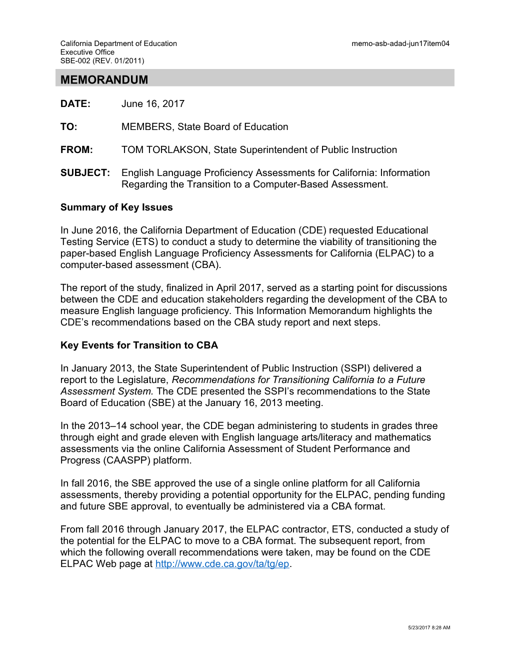 June 2017 Memo ADAD Item 04 - Information Memorandum (CA State Board of Education)