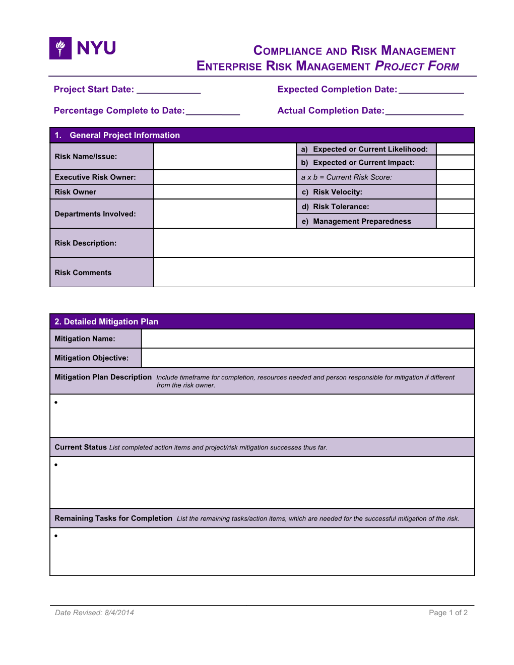 Project Charter Form Template