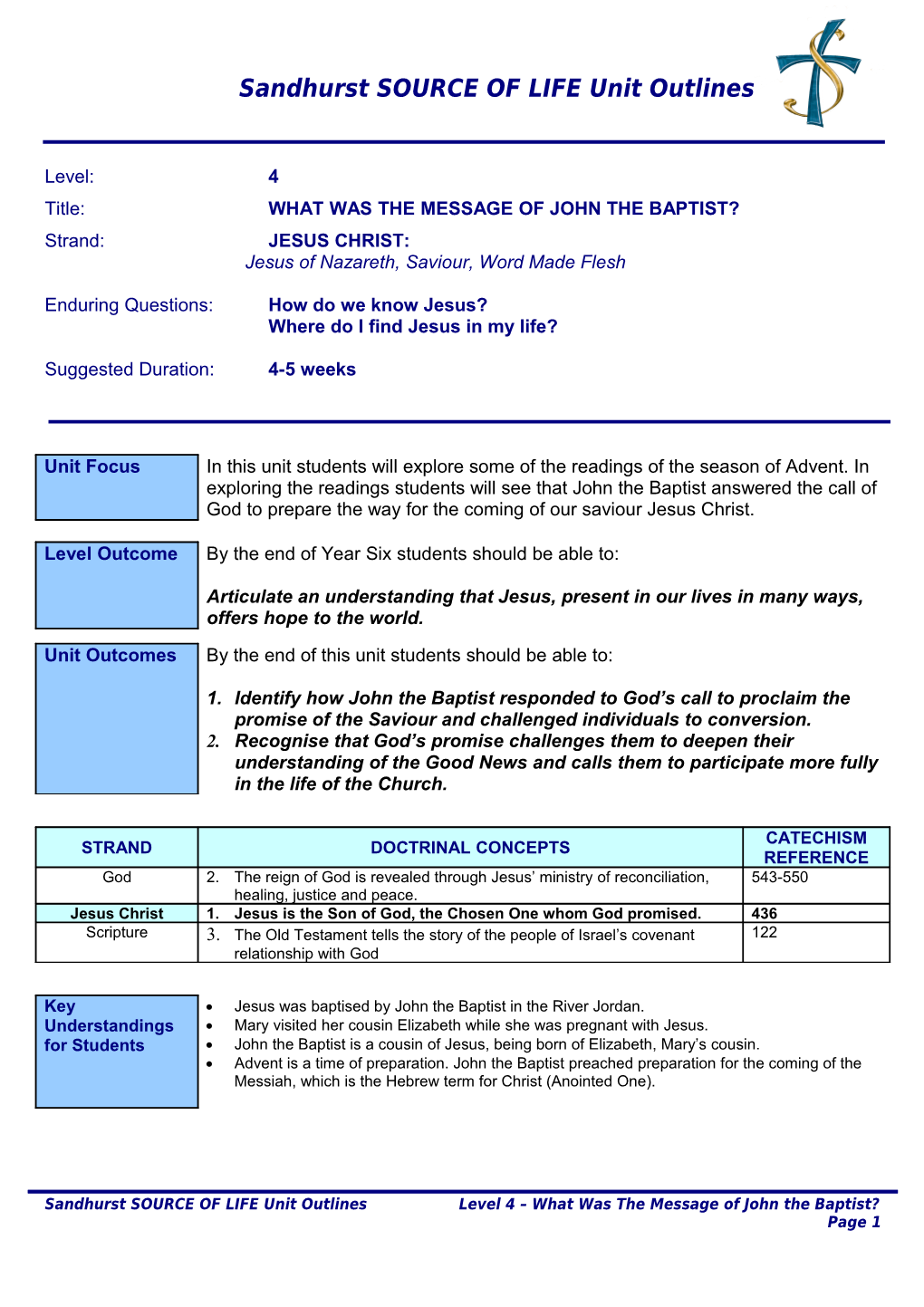 Sandhurst SOURCE of LIFE Unit Outlines s2