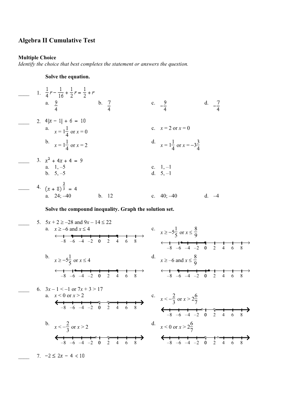 Algebra II Cumulative Test