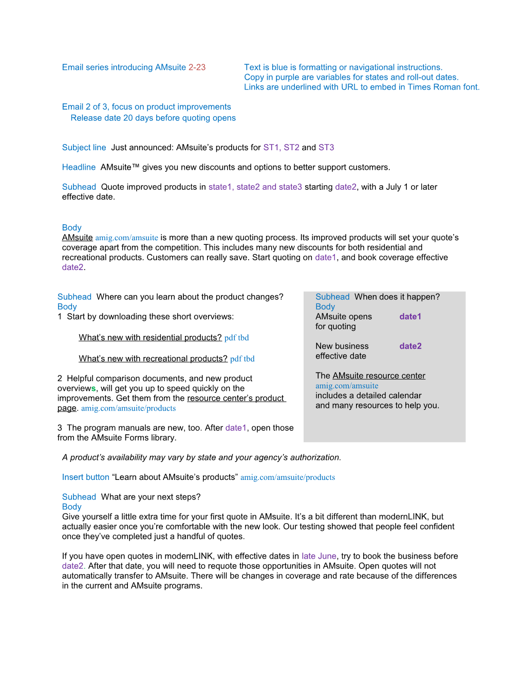 Email Series Introducing Amsuite 2-23 Text Is Blue Is Formatting Or Navigational Instructions
