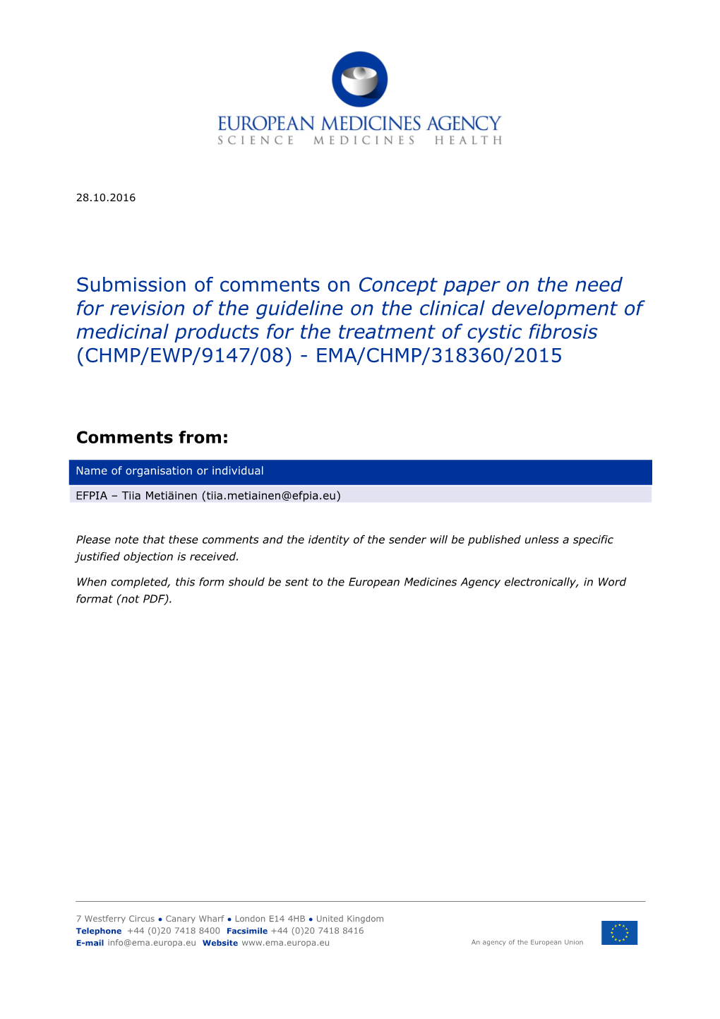 Form for Submission of Comments