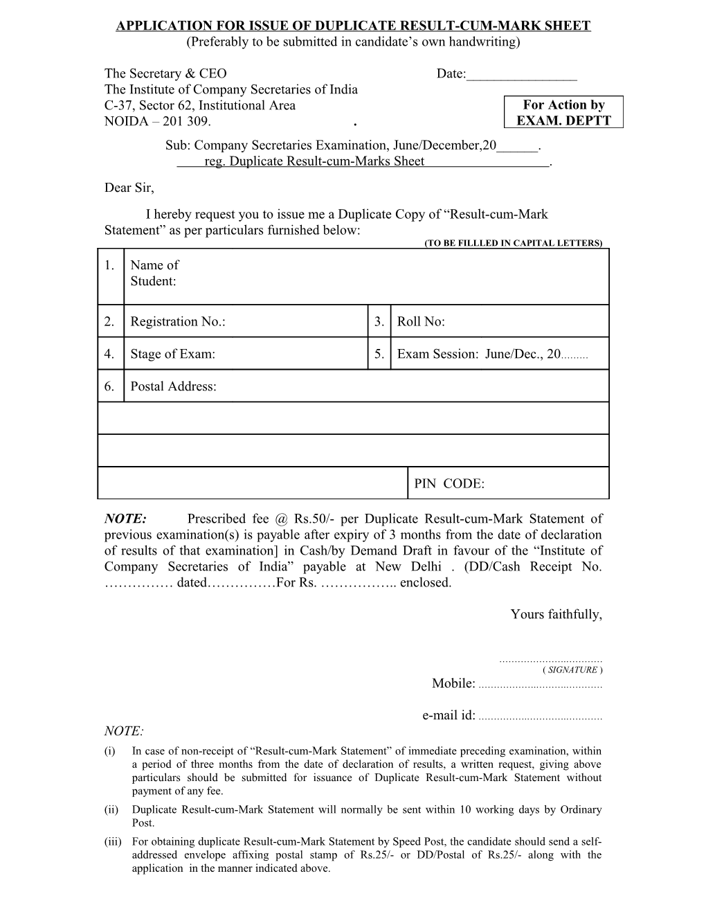 Application For Issue Of Duplicate Result-Cum-Mark Sheet