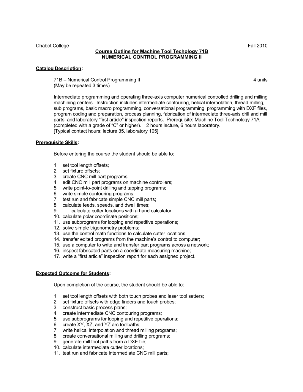Course Outline for Machine Tool Technology 71B - Page 1