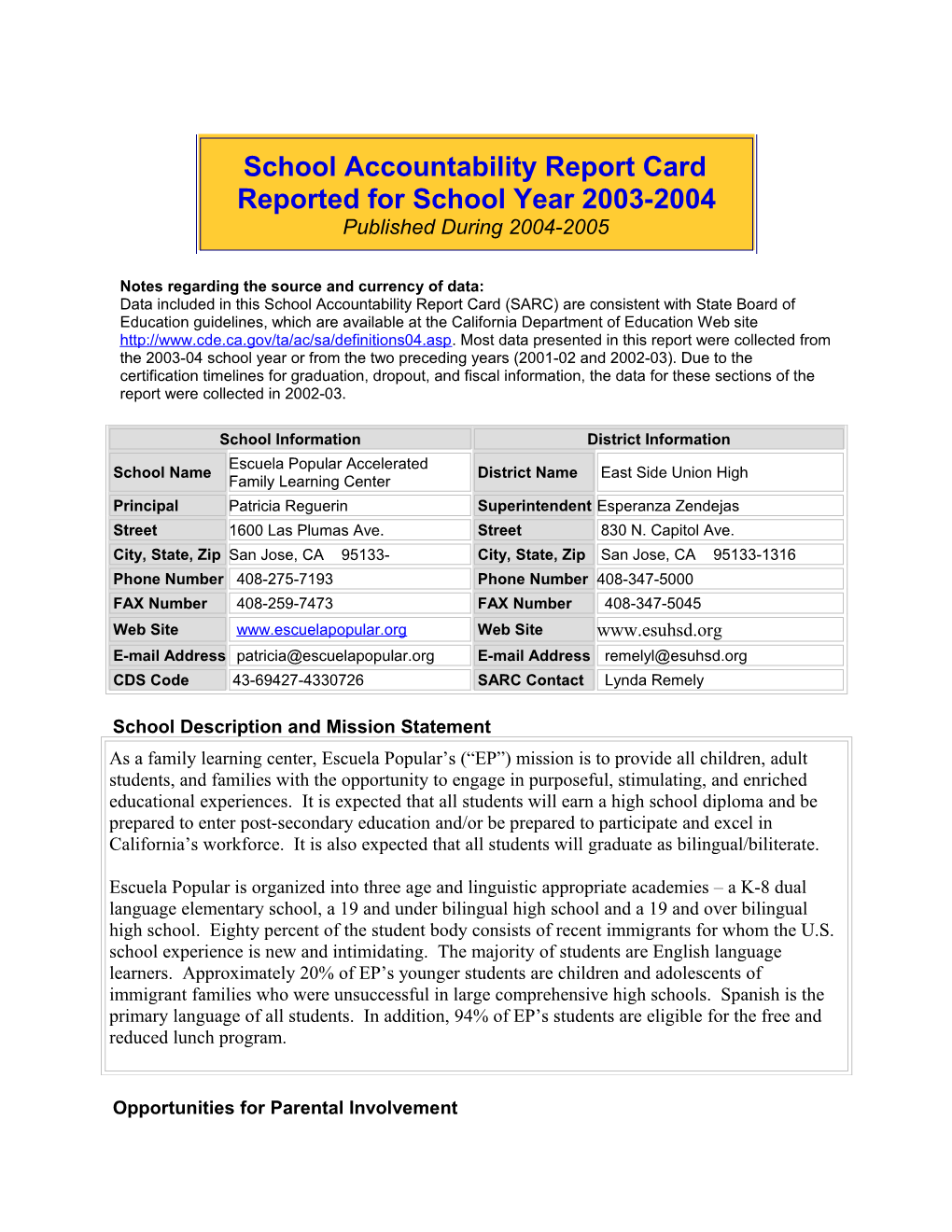 School Accountability Report Card Reported for School Year 2003-2004 Published During 2004-2005