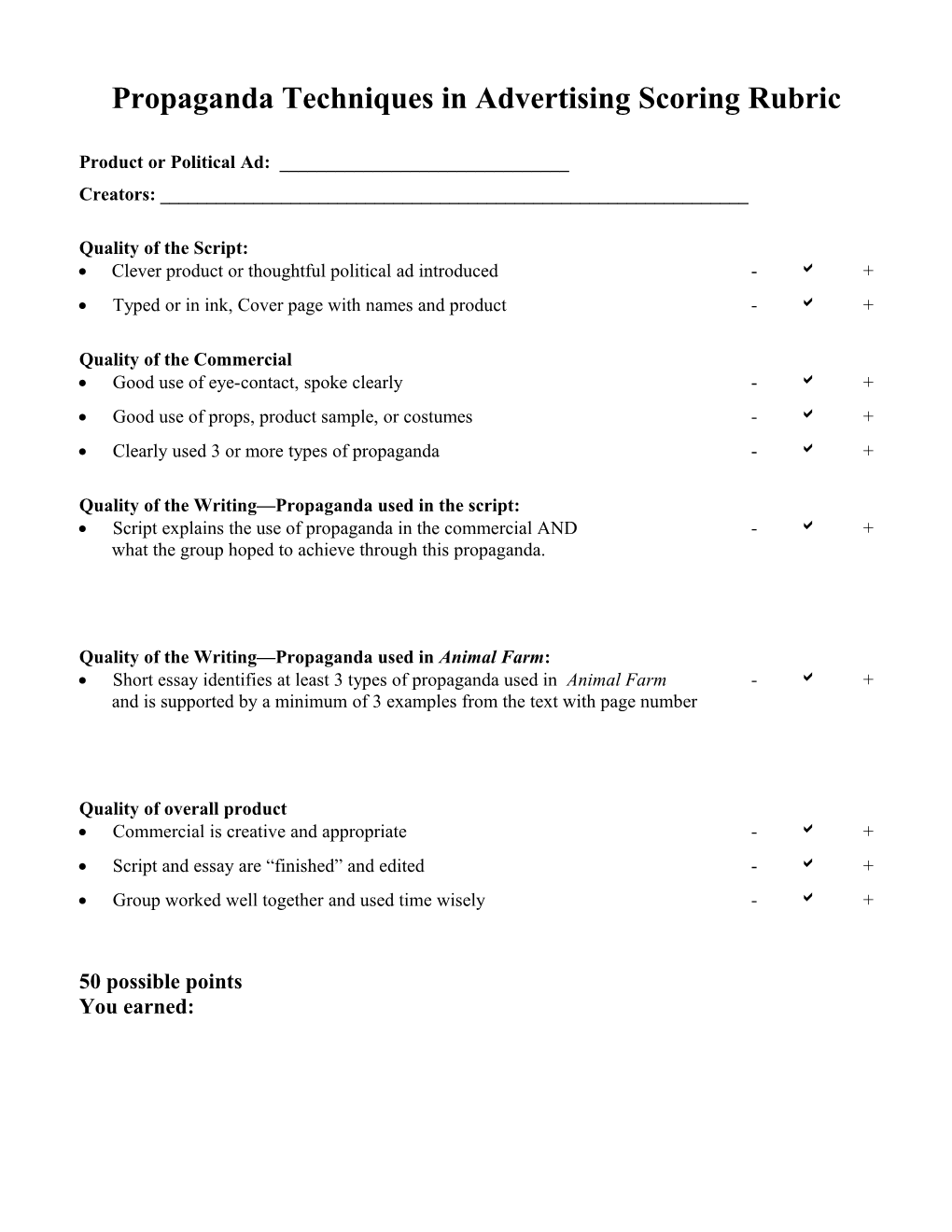 Propaganda Techniques in Advertising Scoring Rubric