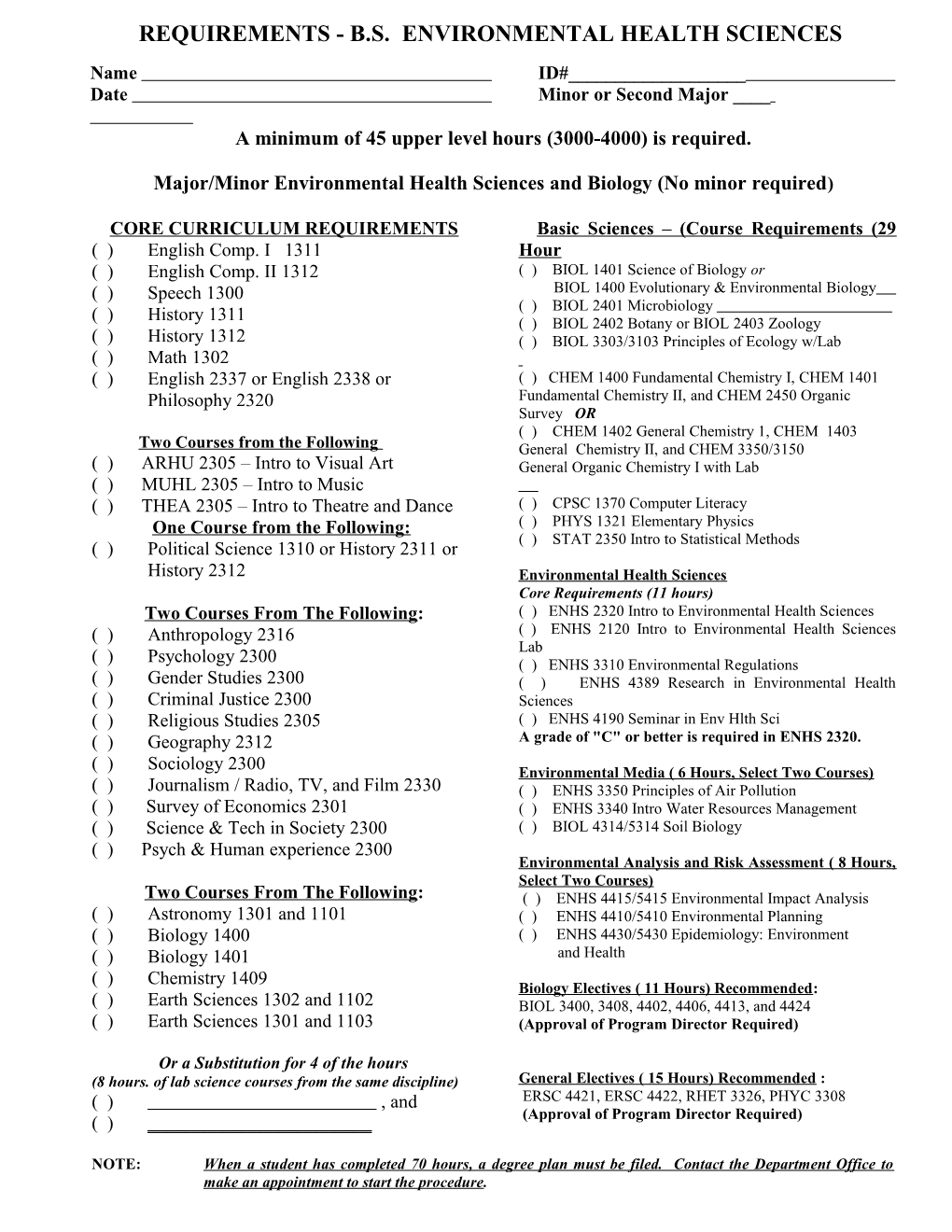 REQUIREMENTS - B.S. Environmental Health Sciences