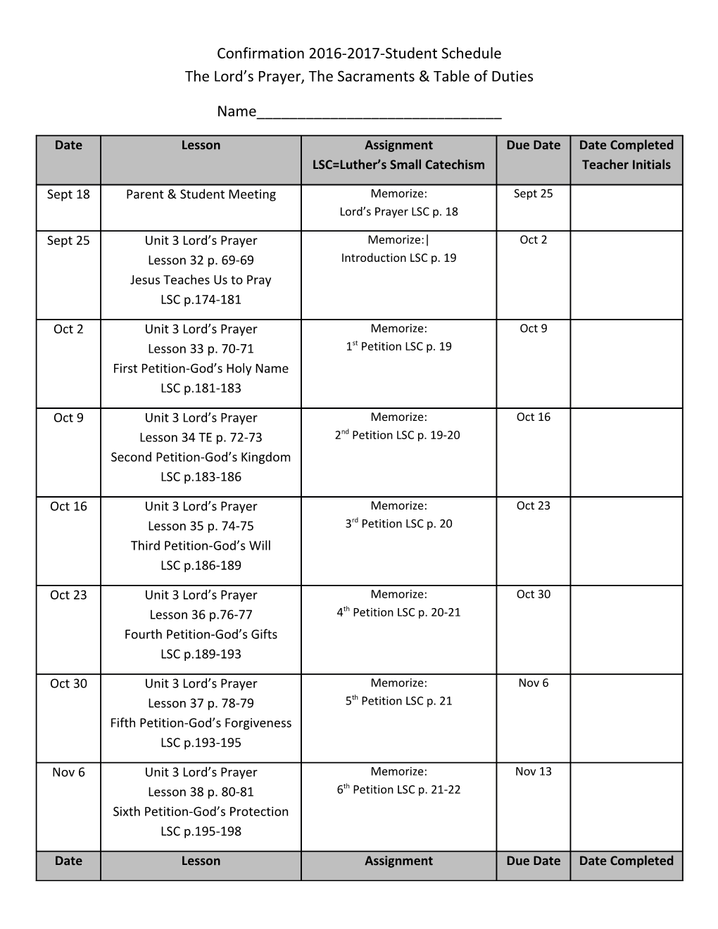 Confirmation 2016-2017-Student Schedule the Lord S Prayer, the Sacraments & Table of Duties