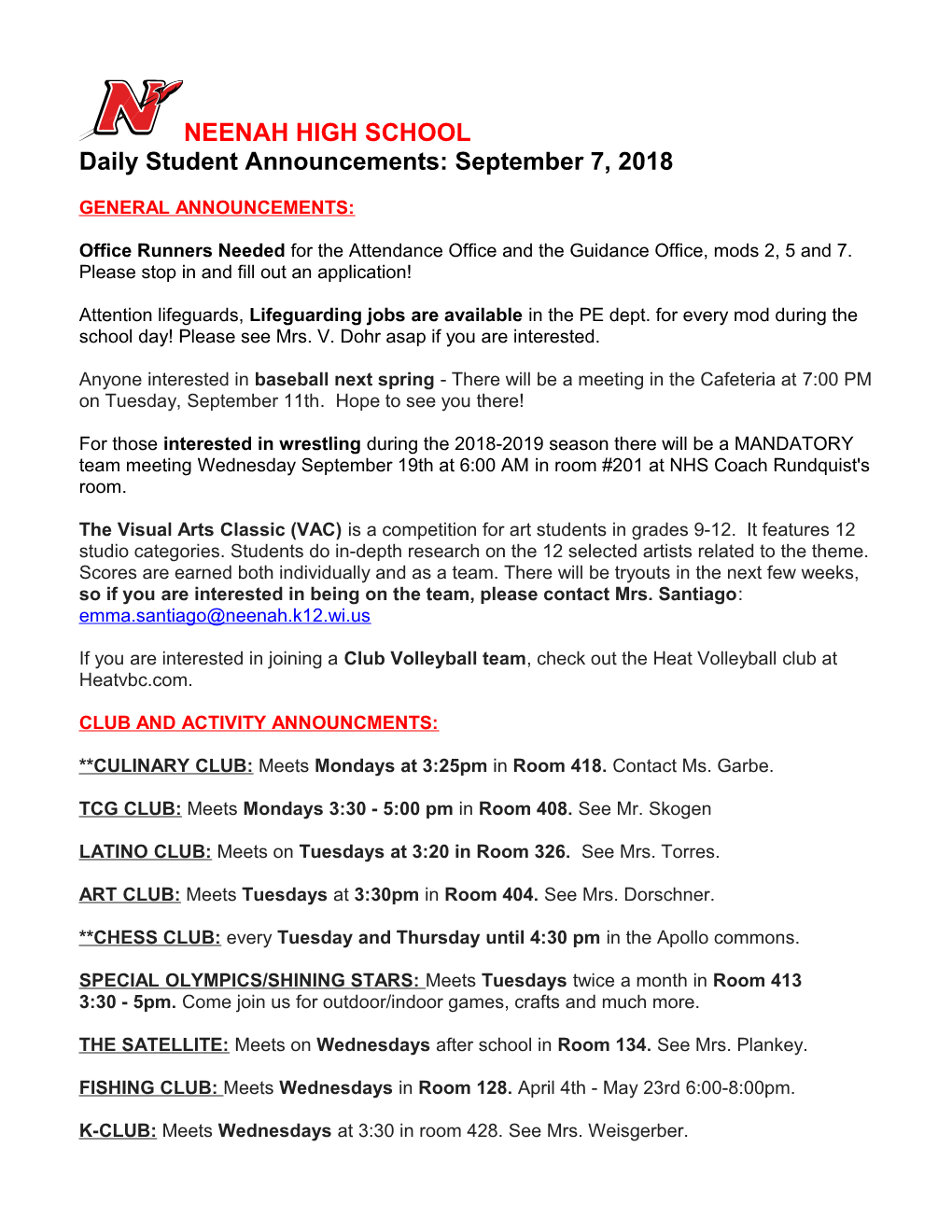 Daily Student Announcements: September7, 2018