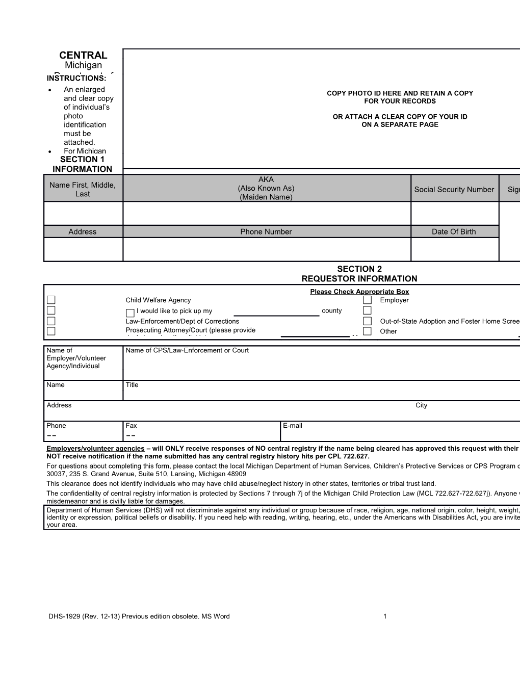 Central Registry Clearance Request