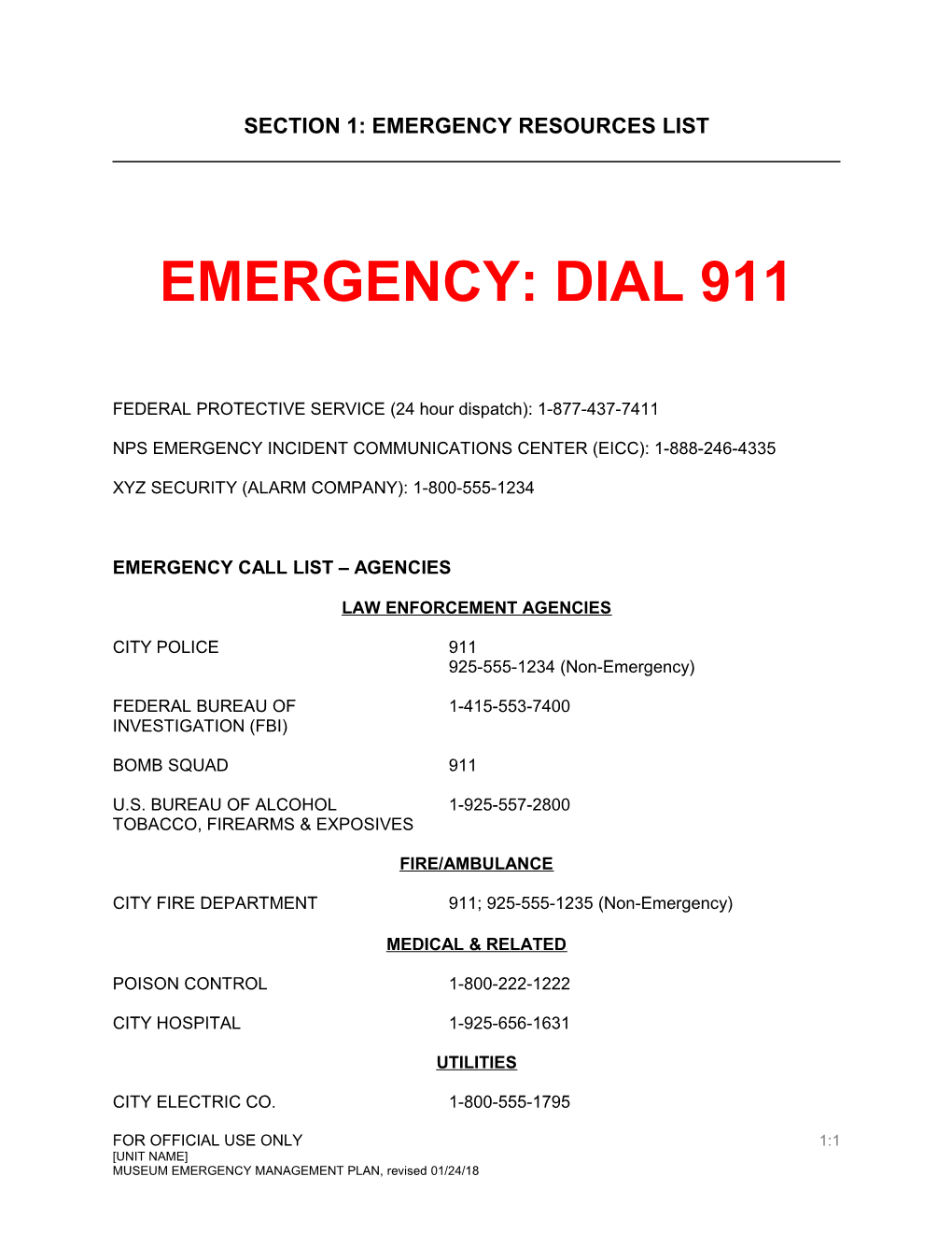 Park/Regional Telephone Numbers for Emergencies