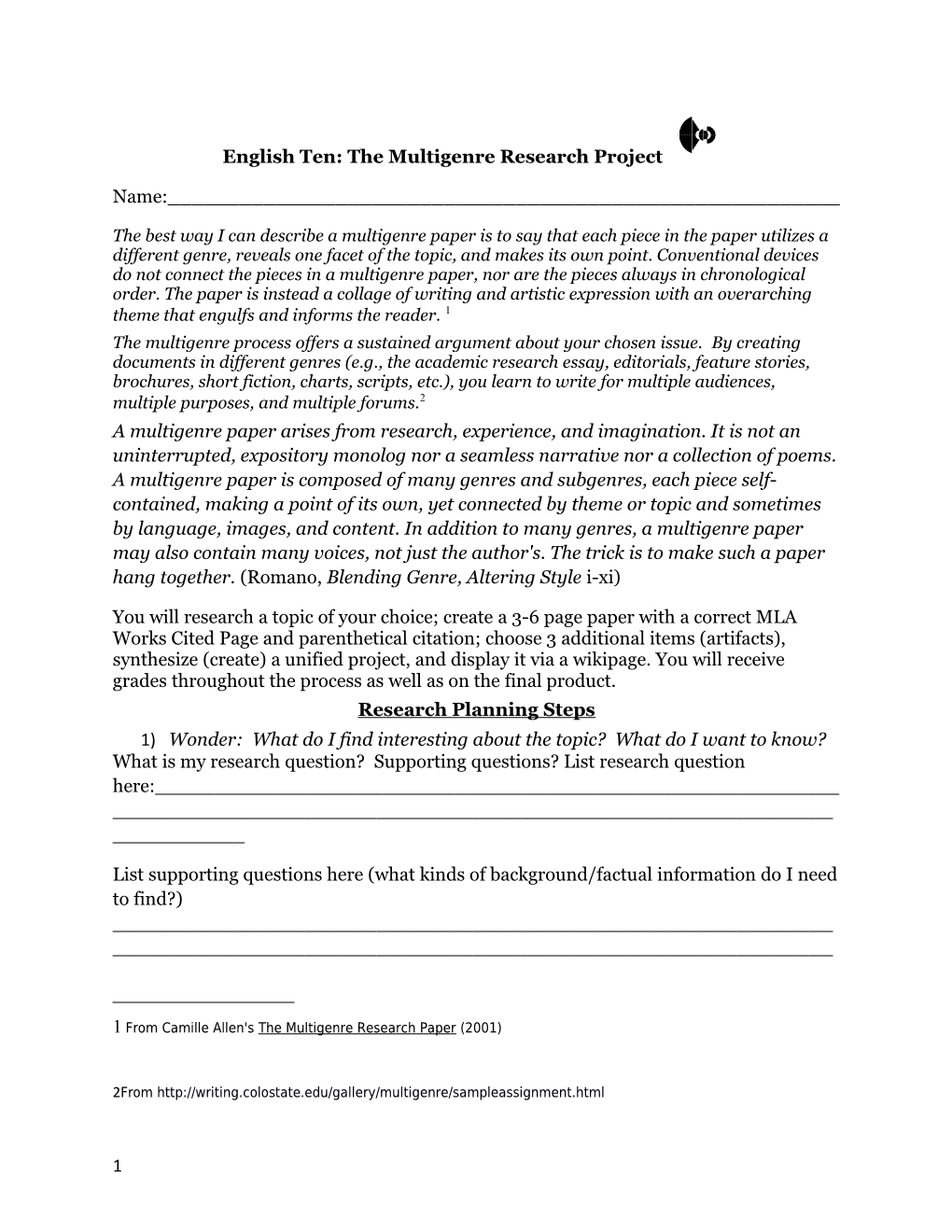 English Ten: the Multigenre Research Project