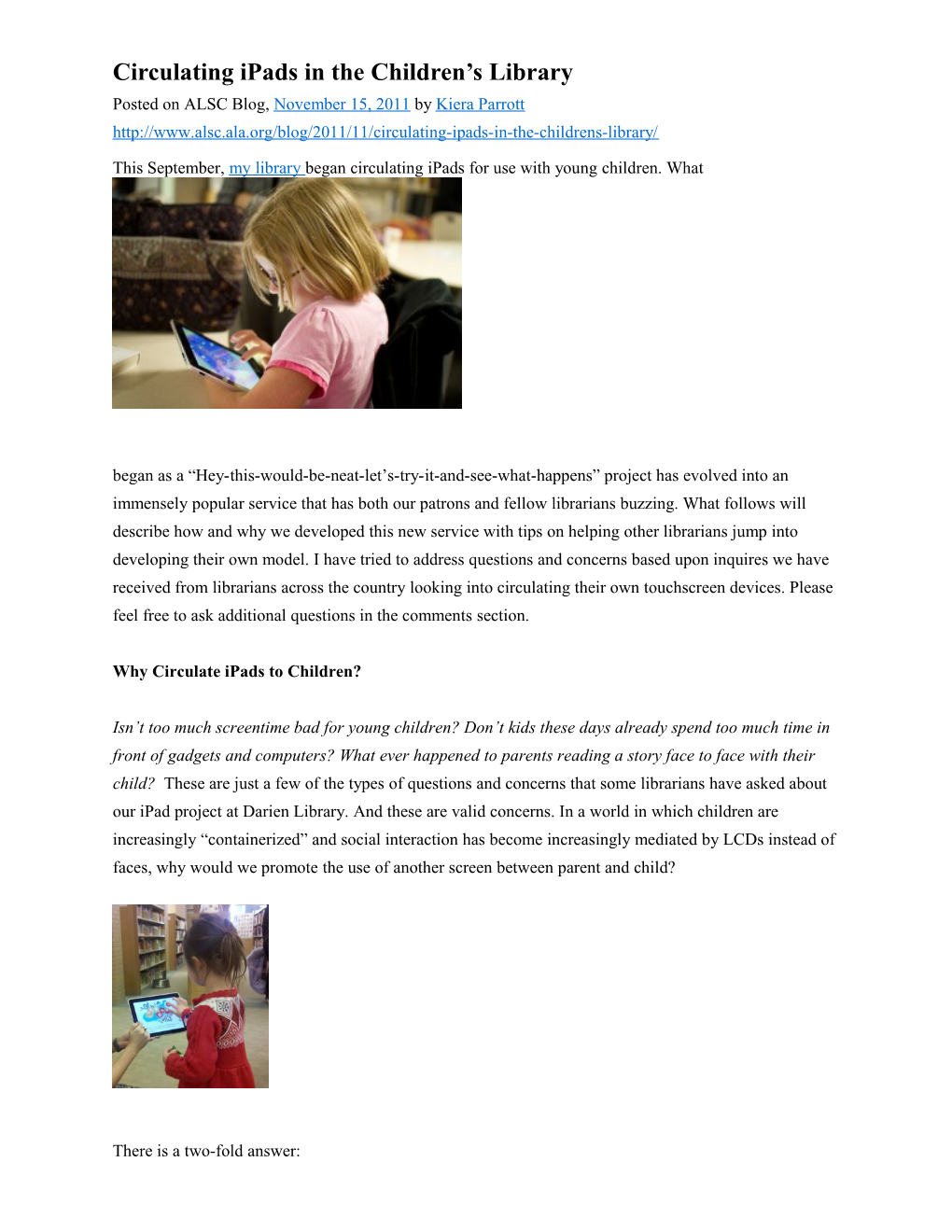 Circulating Ipads in the Children S Library