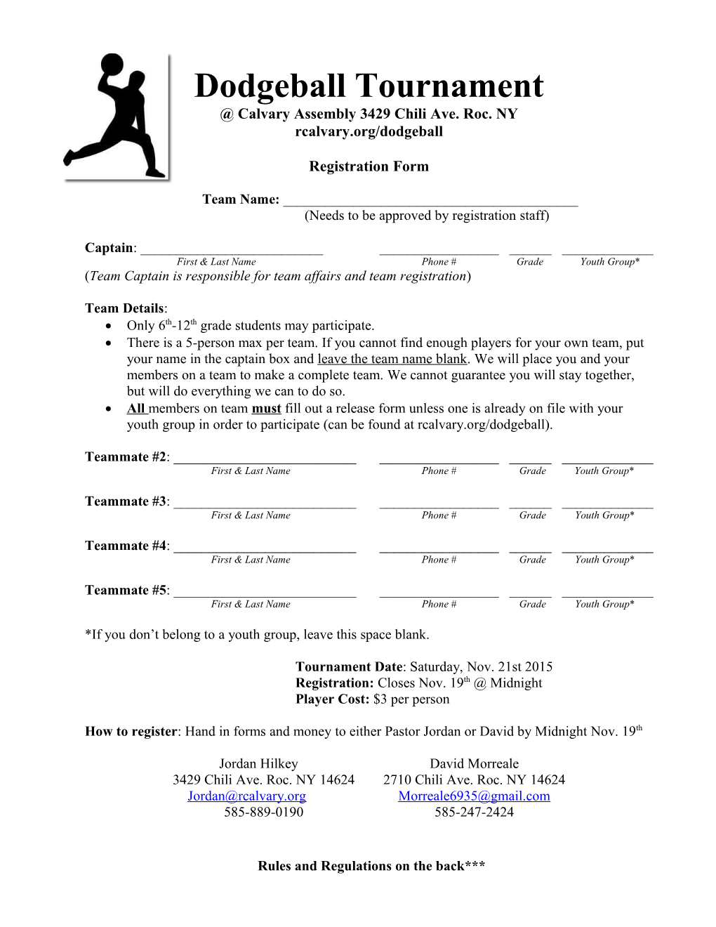 Dodgeball Tournament Registration Form