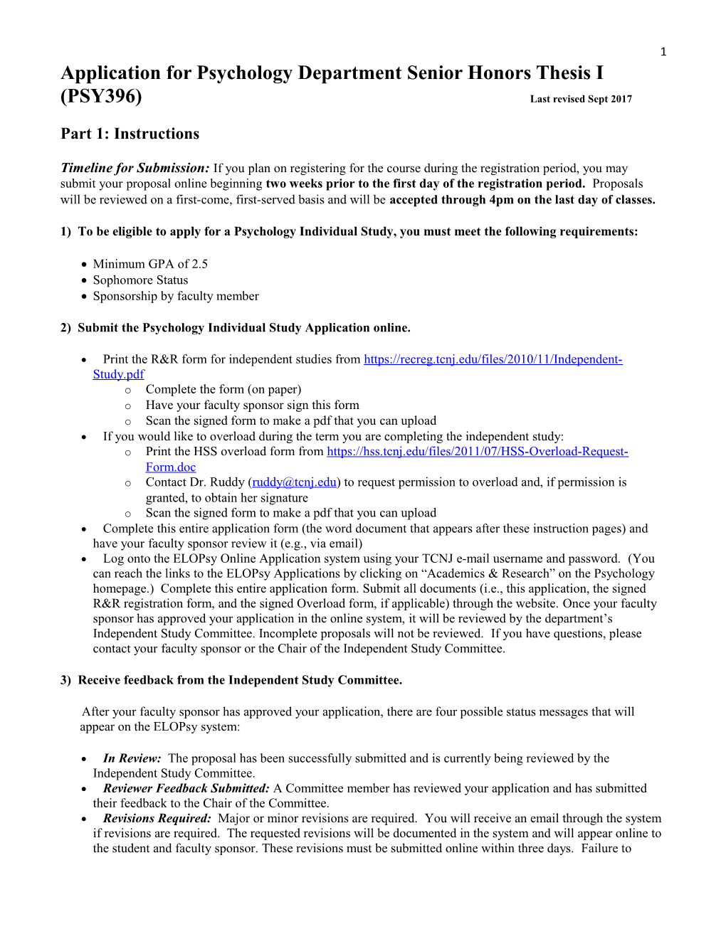 Application for TCNJ Individual Study in Psychology (PSY393/PSY493)