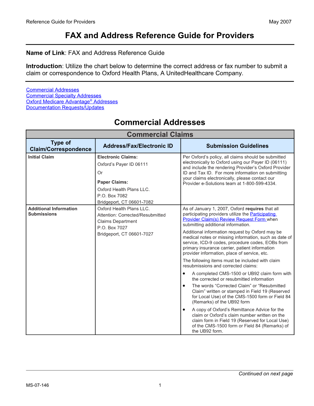 FAX And Address Reference Guide For Providers