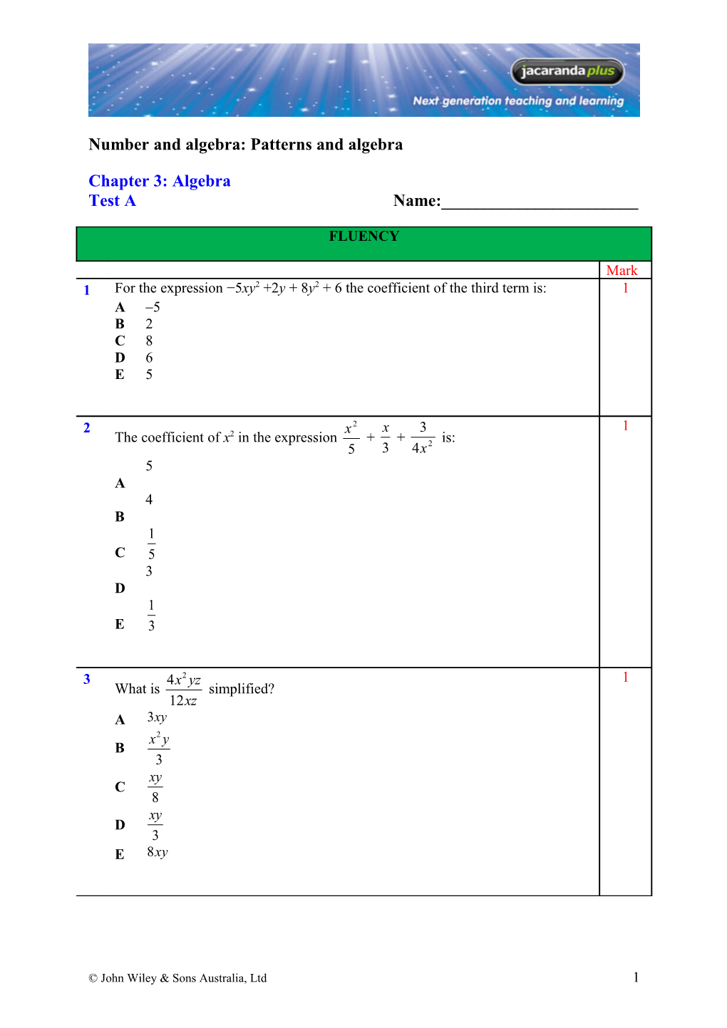 Number and Algebra: Patterns and Algebra s1