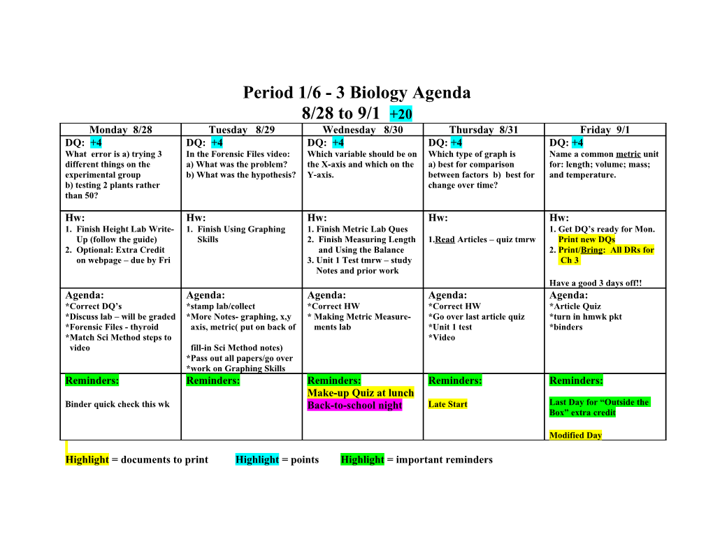 Period 1/6 - 3 Biology Agenda