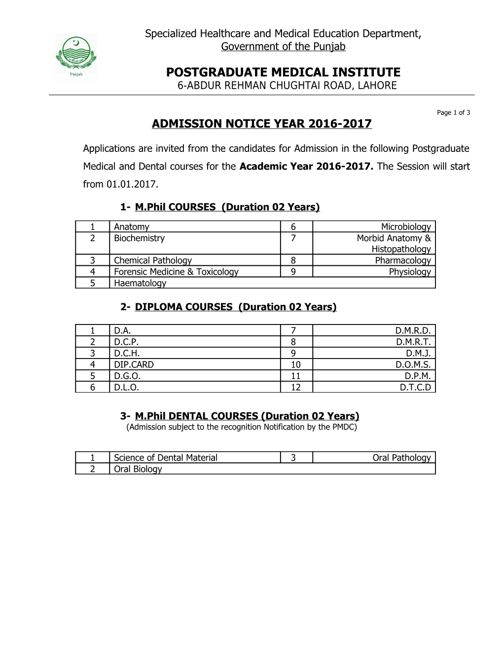 Admission Notice Year 2016-2017