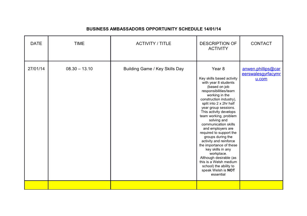 Business Ambassadors Opportunity Schedule 14/01/14