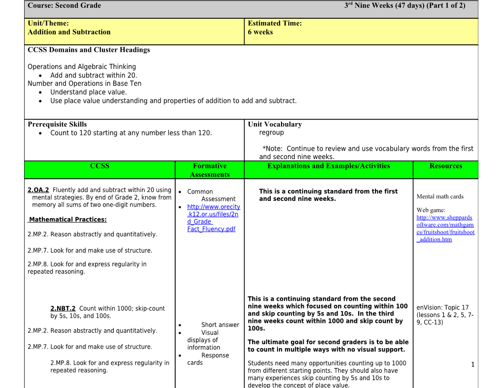 Course: Second Grade 3Rd Nine Weeks (47 Days) (Part 1 of 3)