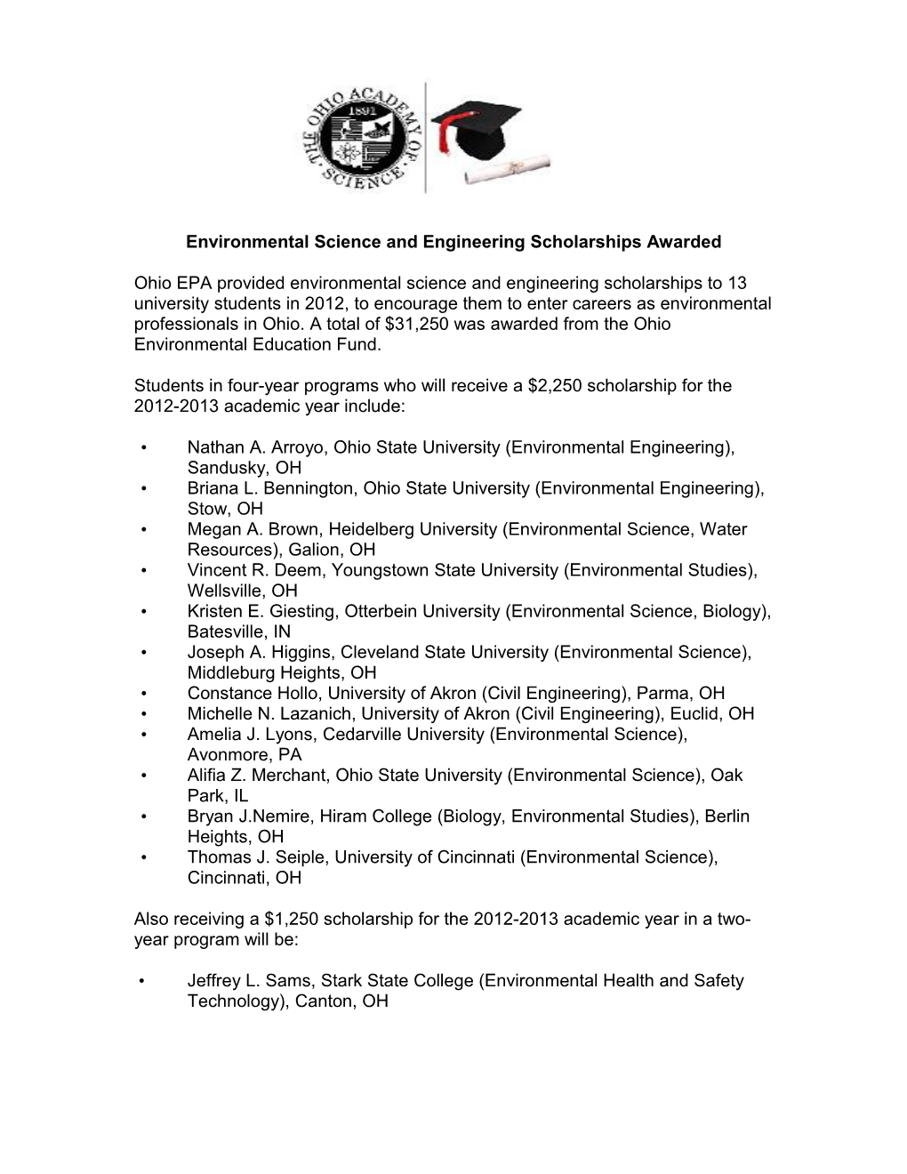 Environmental Science and Engineering Scholarships Awarded