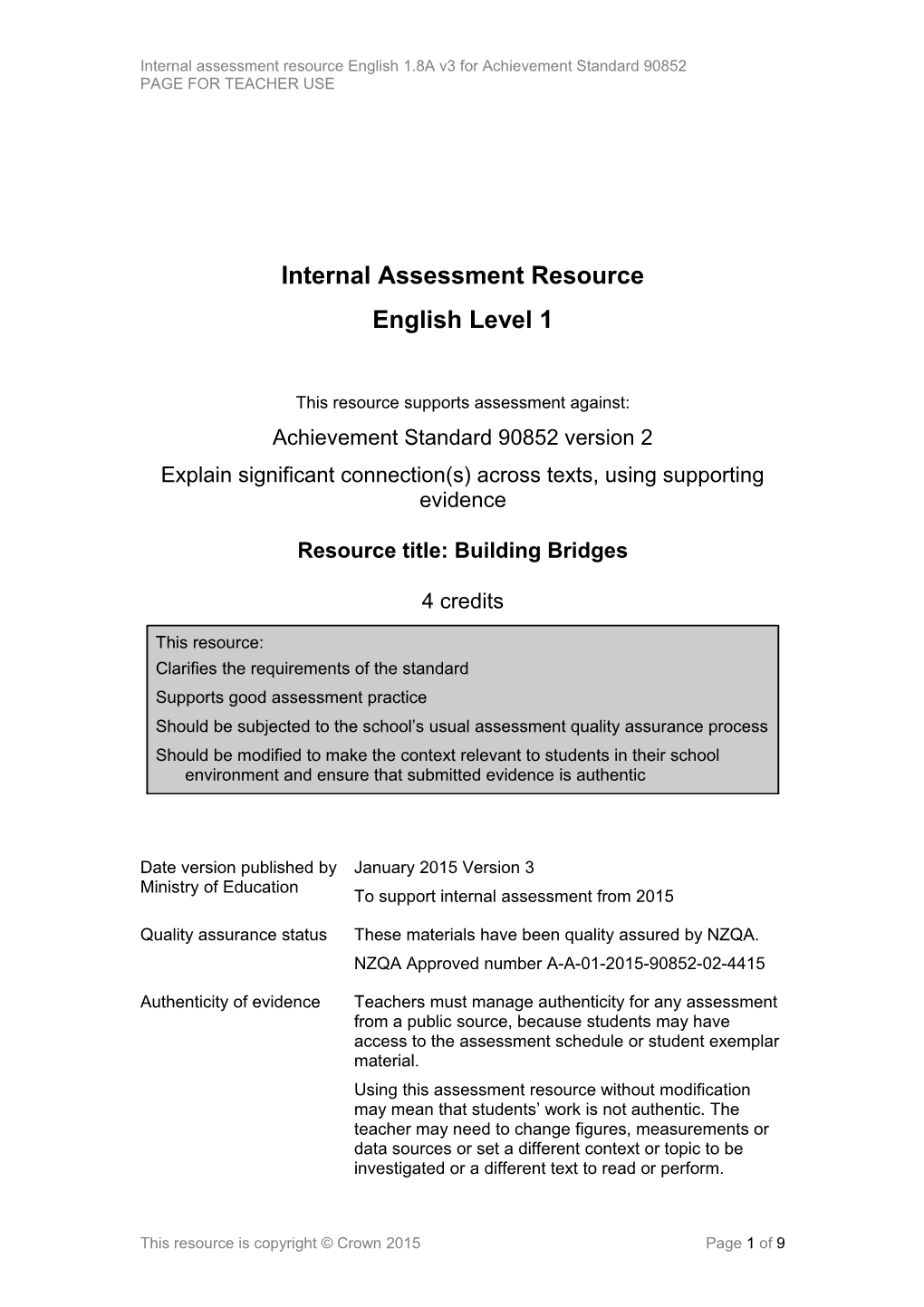 Level 1 English Internal Assessment Resource