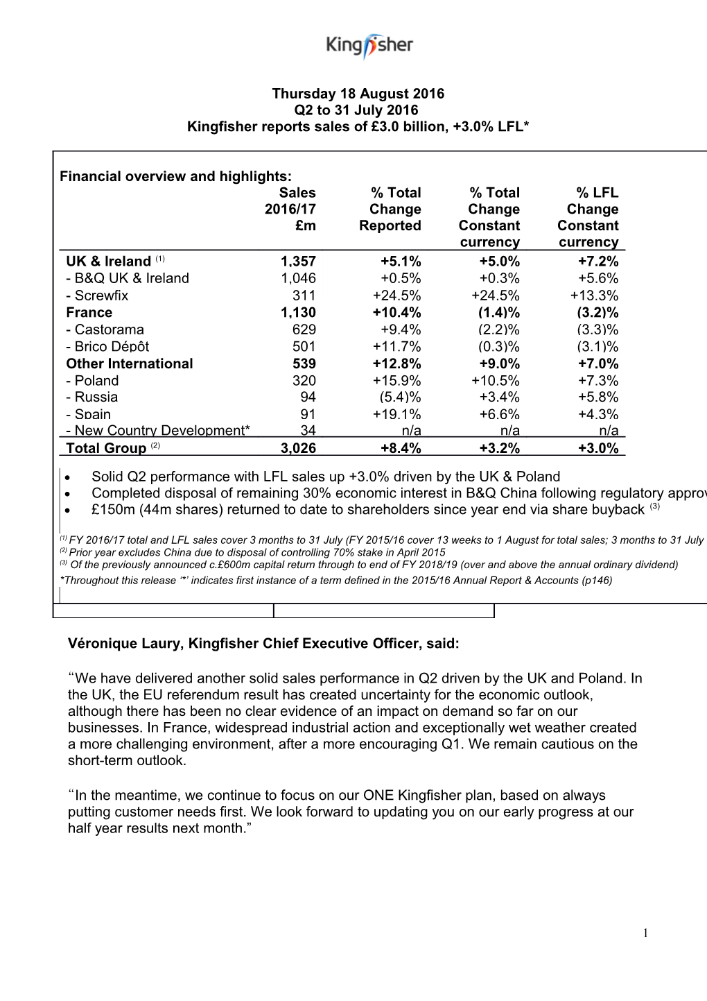 Kingfisher Reports Sales of 3.0 Billion, +3.0% LFL*
