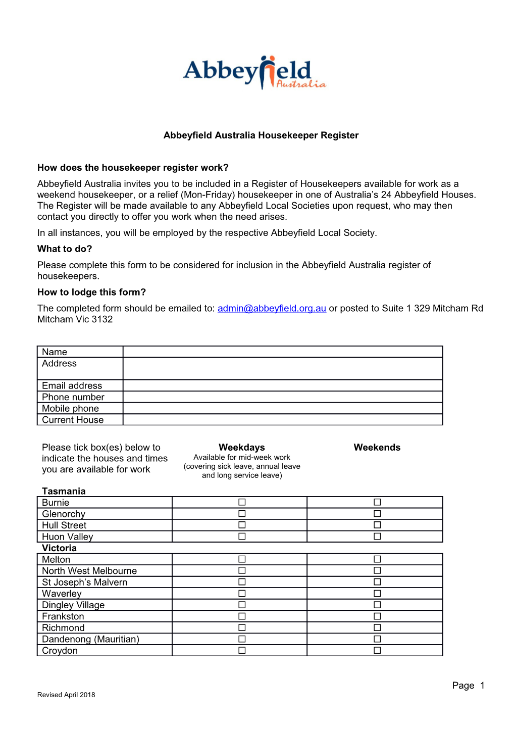 Abbeyfield Australia Housekeeper Register