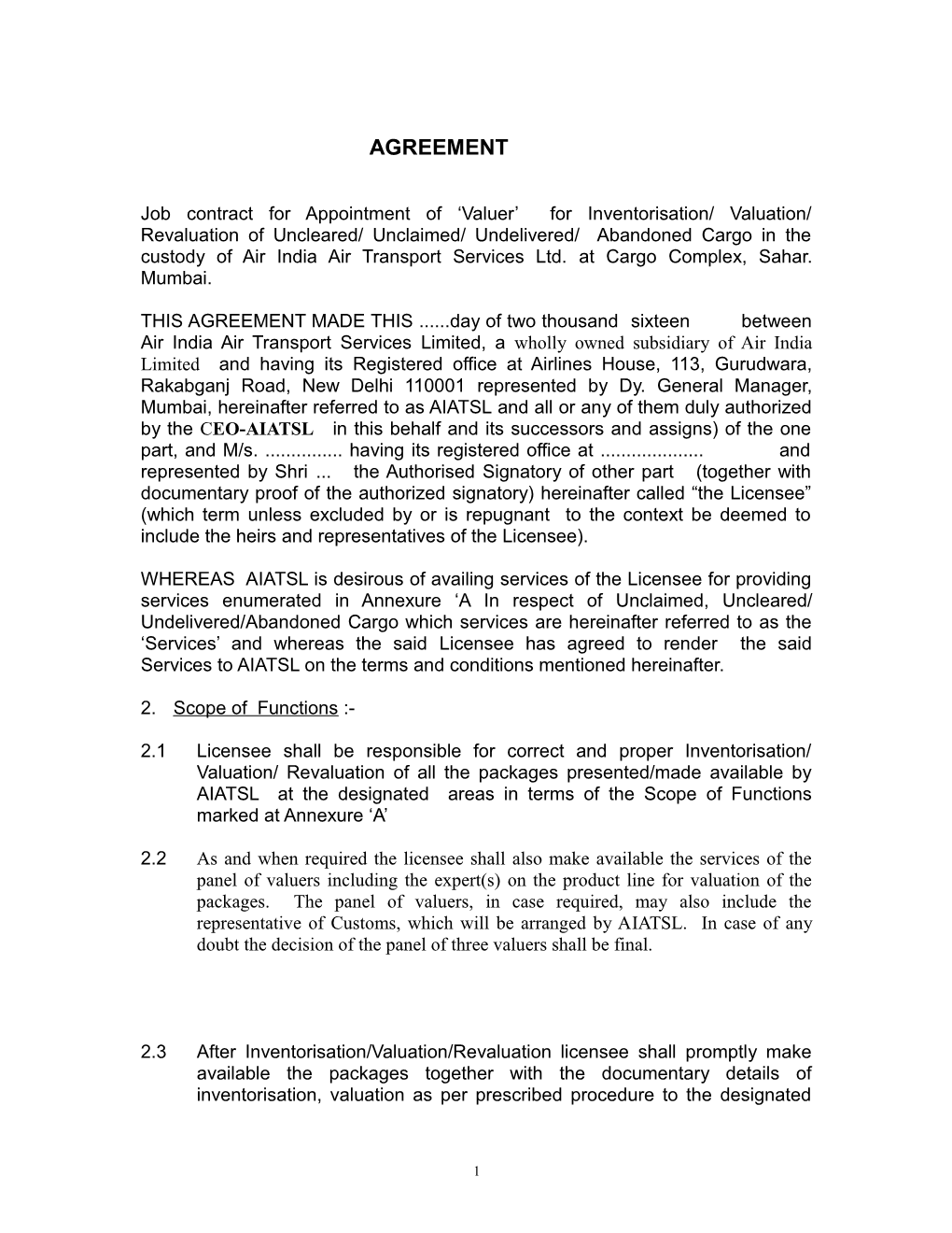 Job Contract for Appointment of Valuer for Inventorisation/ Valuation/ Revaluation of Uncleared