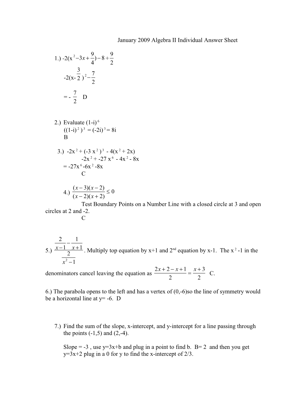 January 2009 Algebra II Individual Answer Sheet