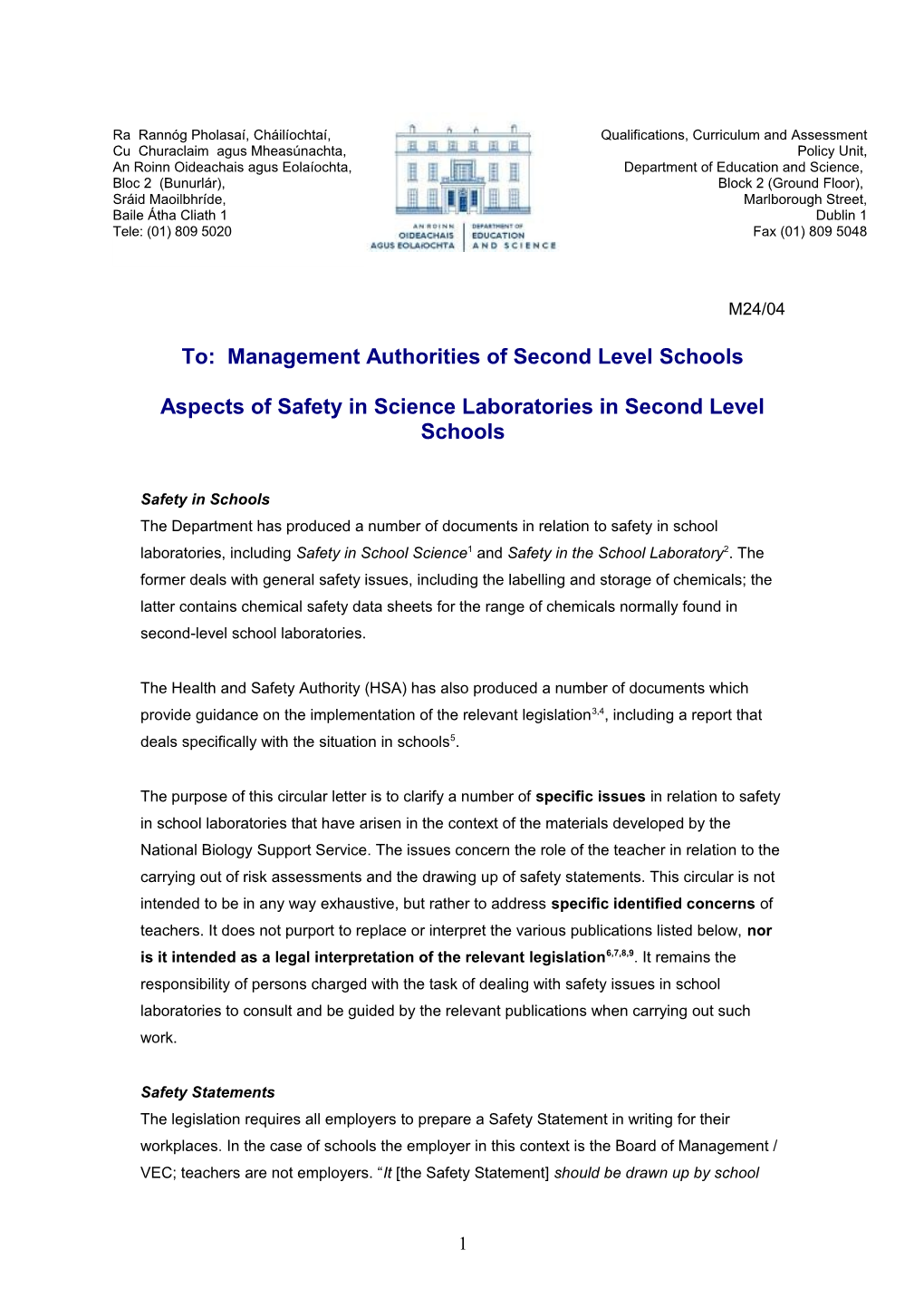 Circular M24/04 - Aspects of Safety in Science Laboratories in Second Level Schools (File