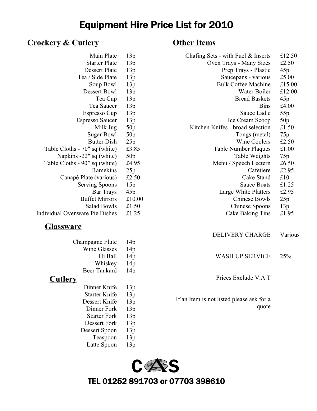 Equipment Hire Price List for 2010