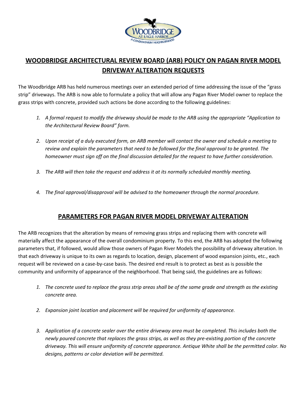 Woodbridge Architectural Review Board (Arb) Policy on Pagan River Model Driveway Alteration