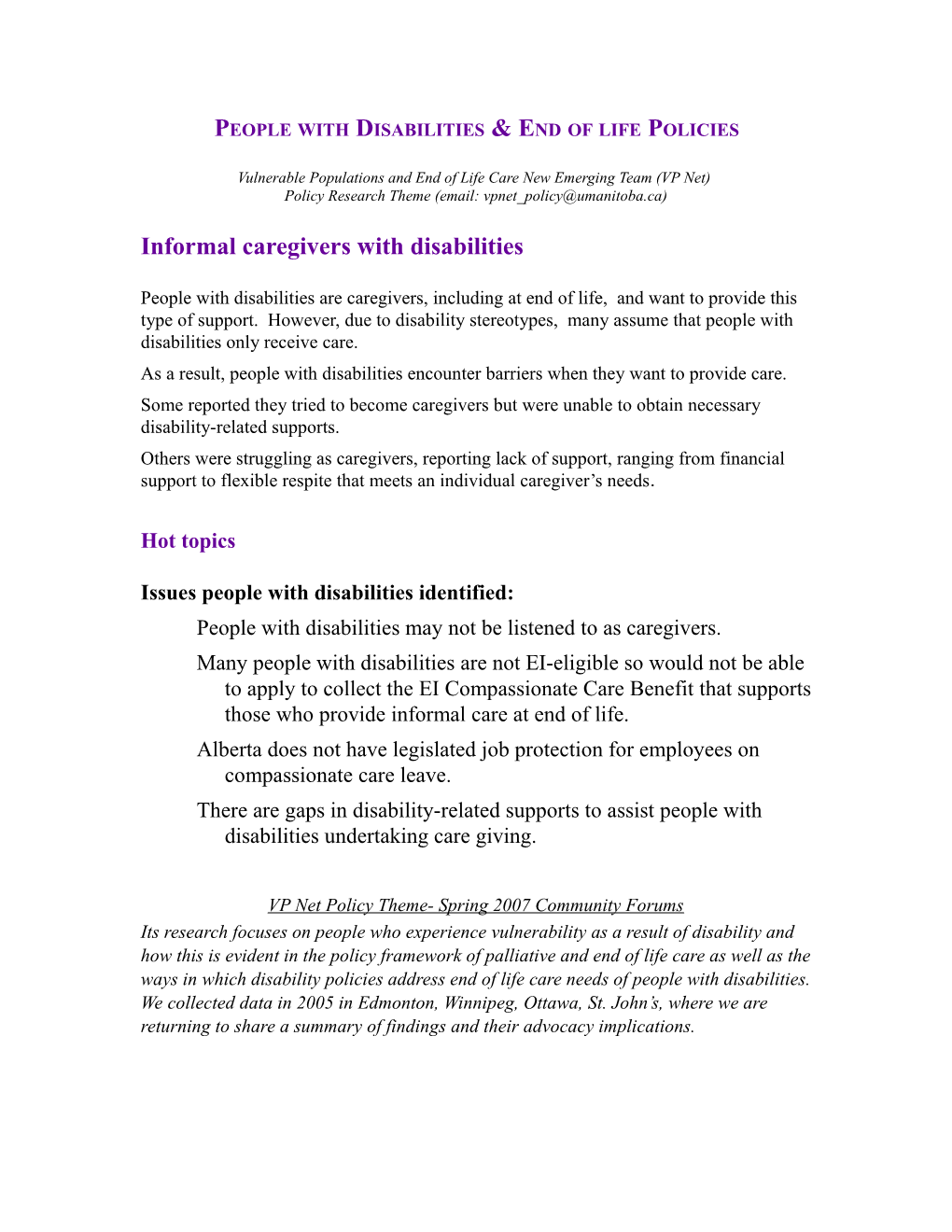 People with Disabilities & End of Life Policies