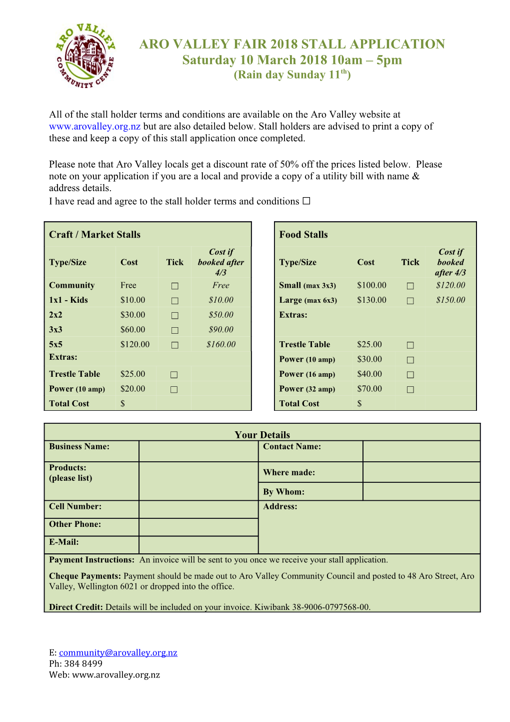 Aro Valley Fair 2018 Stall Terms and Conditions