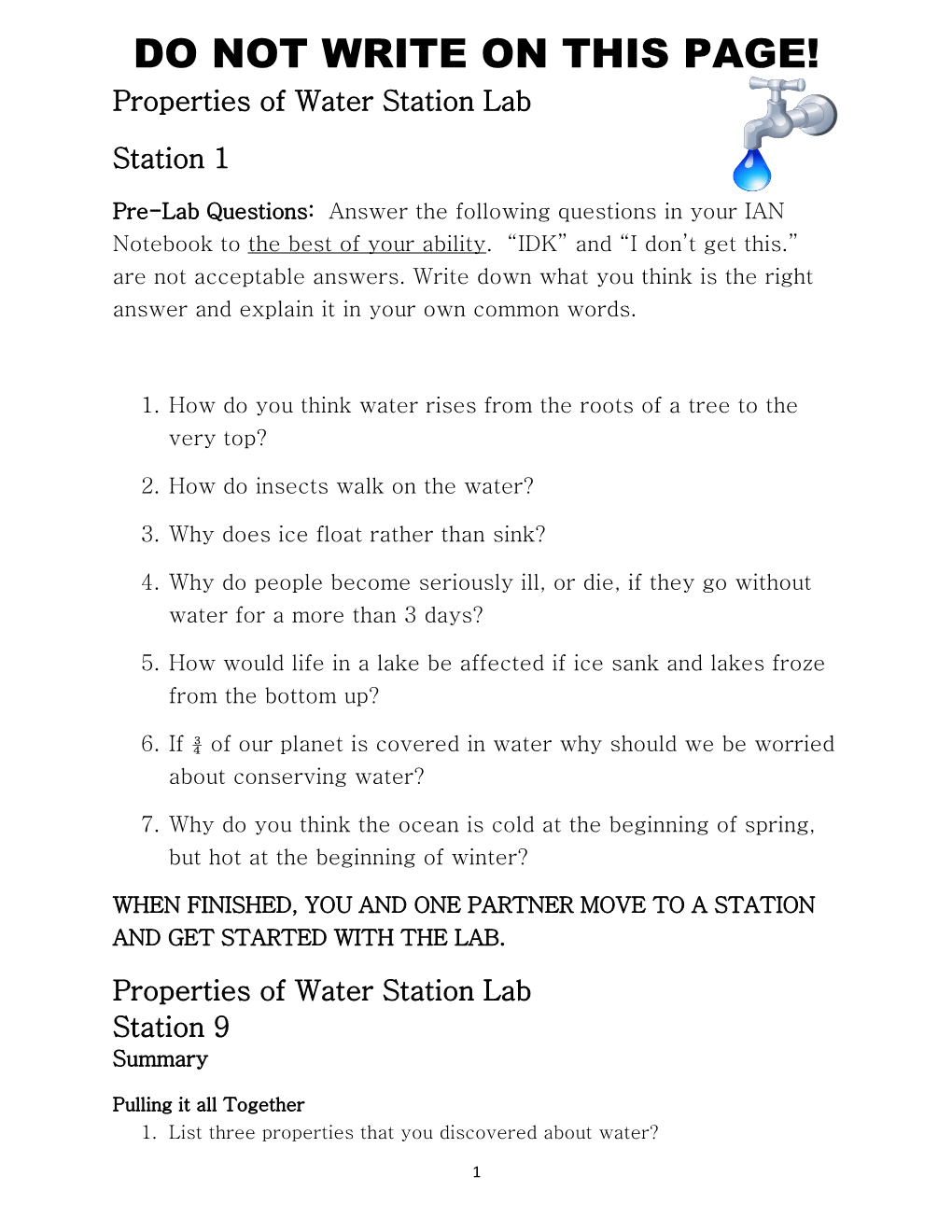 Properties of Water Station Lab s1