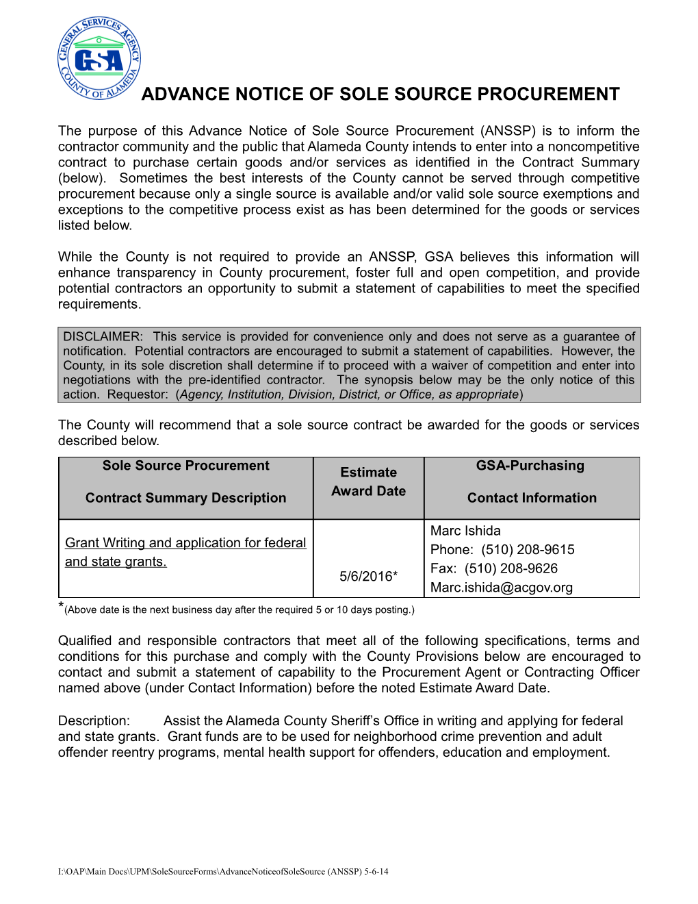 Advance Notice of Sole Source Procurement s7