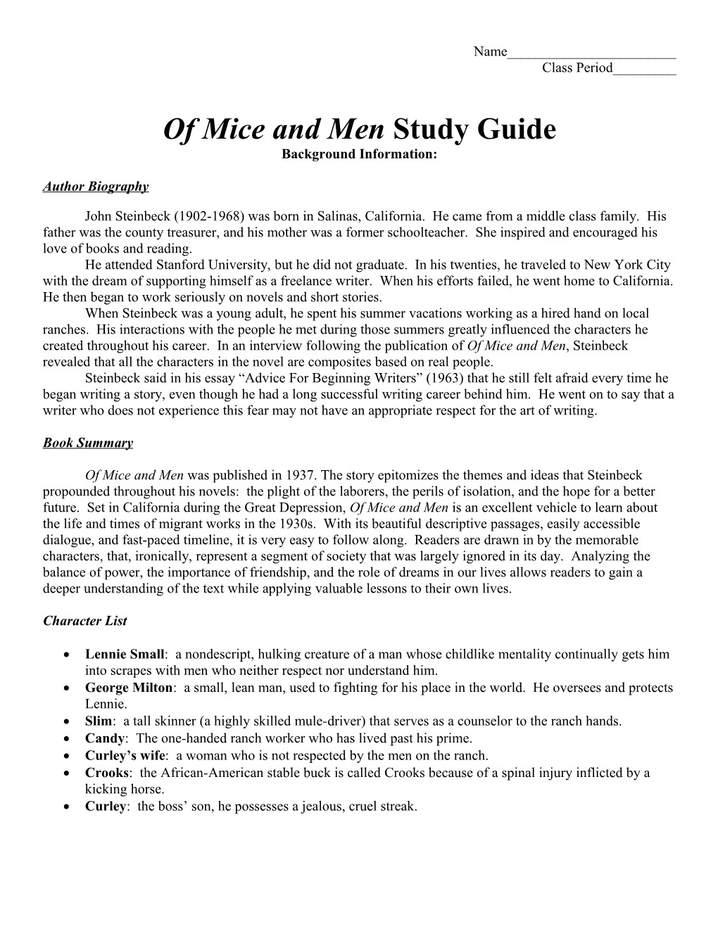 SHORT ANSWER STUDY GUIDE QUESTIONS - of Mice and Men