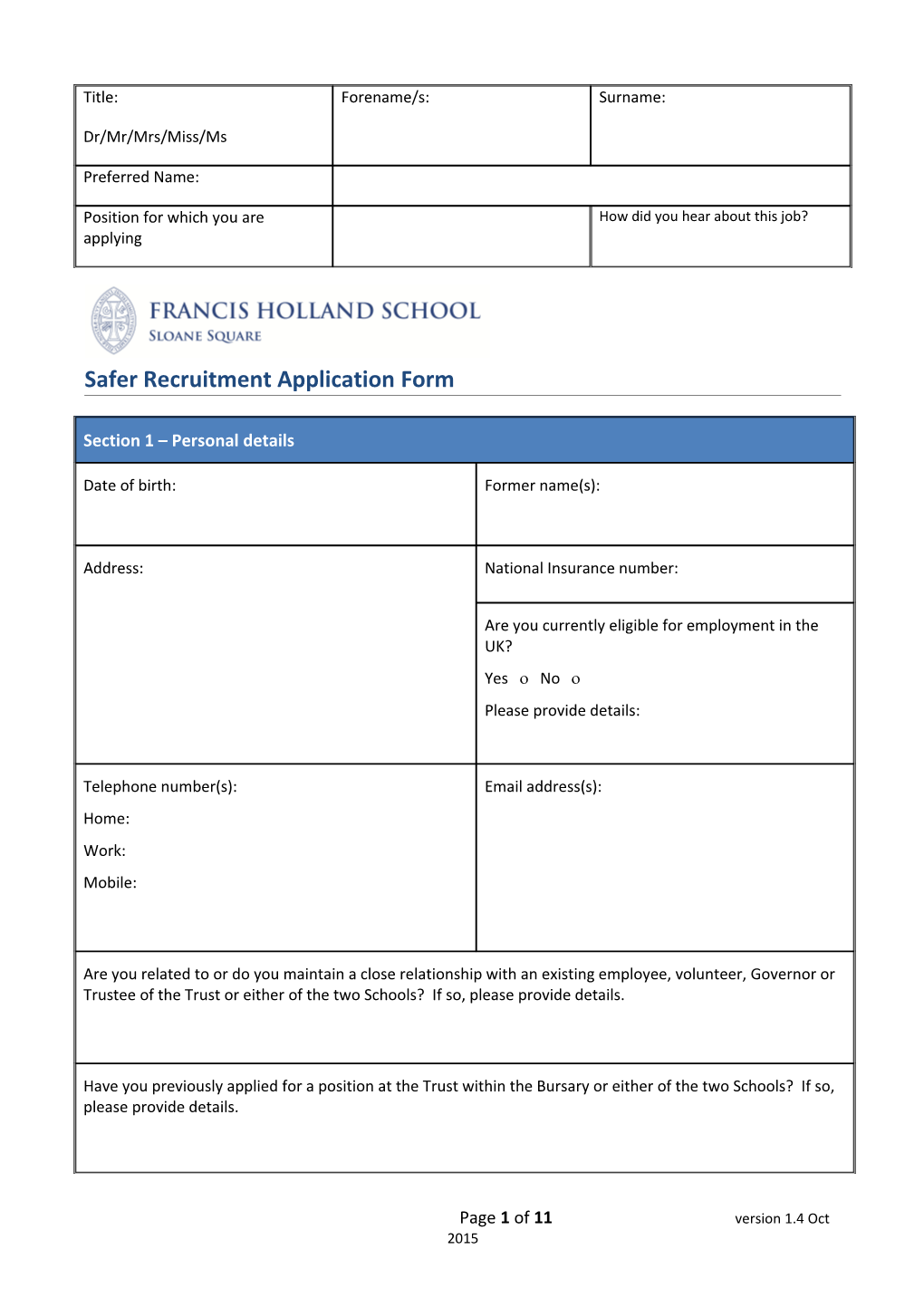 Education Team: Safer Recruitment Pack: Application Form V3.3 Nov-10 s1