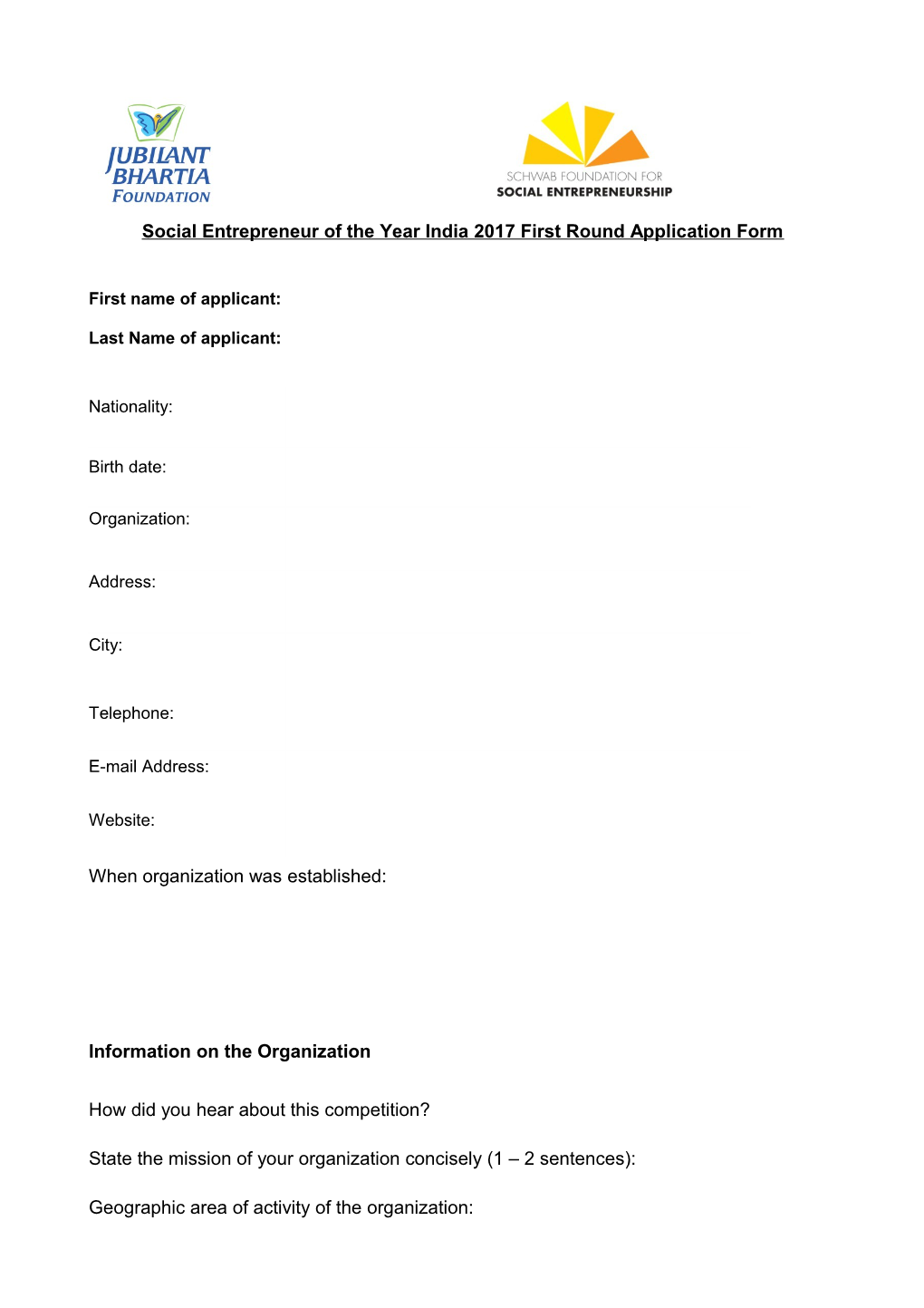 Social Entrepreneur of the Year India 2017 First Round Application Form