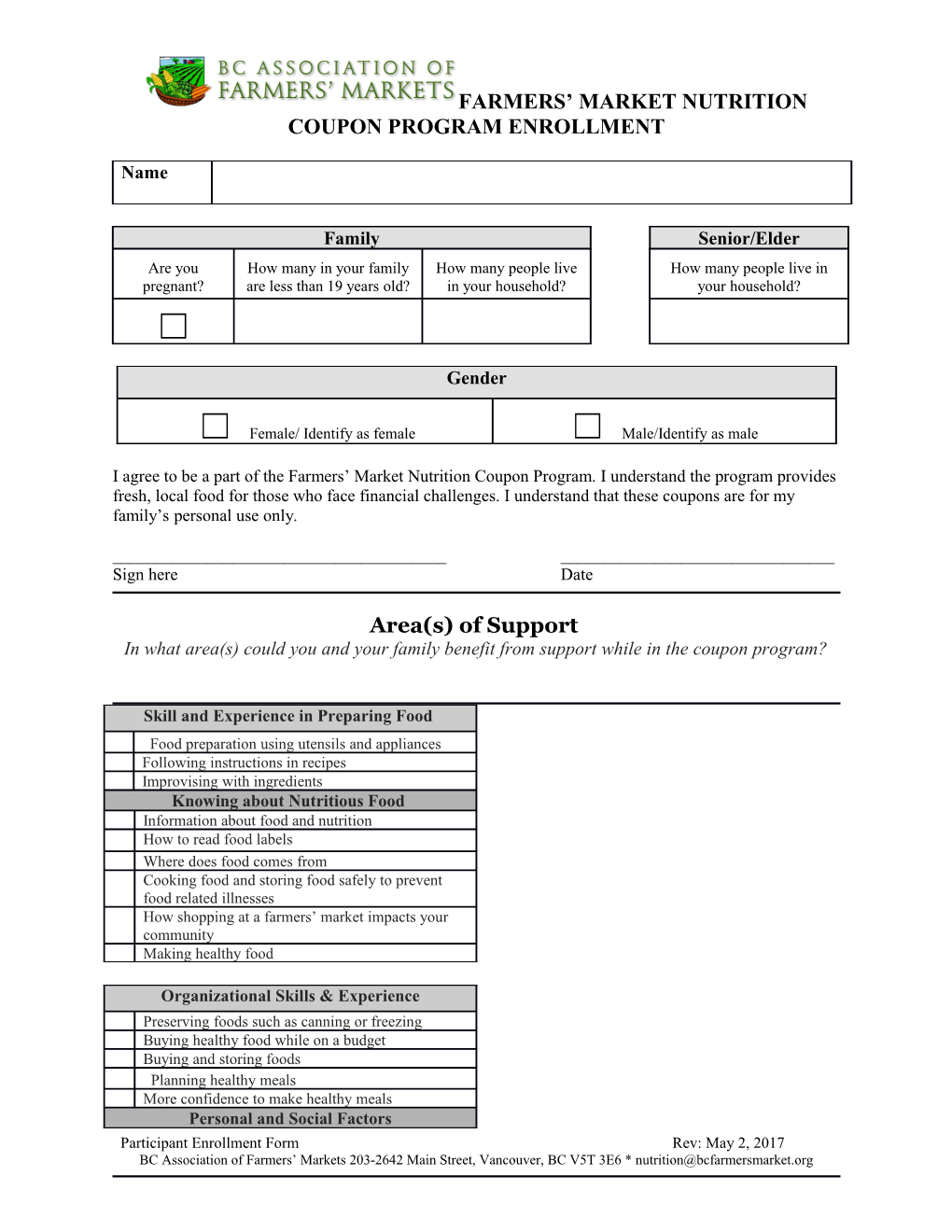 2015 Farmers Market Nutrition Coupon Program Enrollment Form