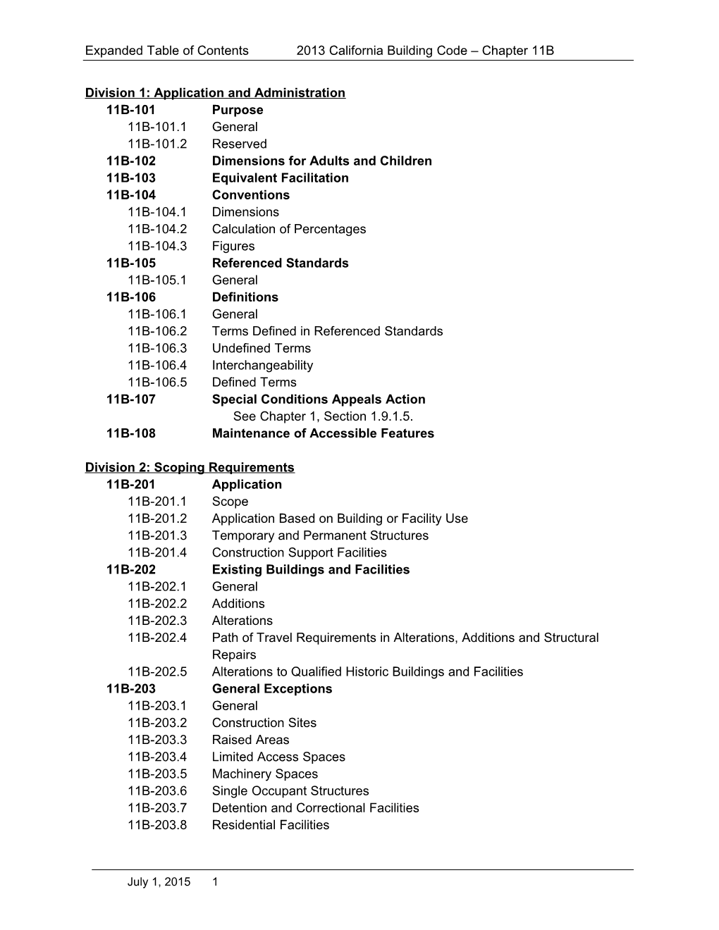 2013 California Building Code - Chapter 11B Expanded Table of Contents